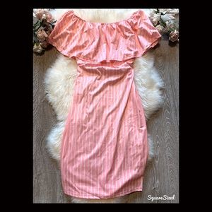 Pink Striped Off-Shoulder Midi Dress